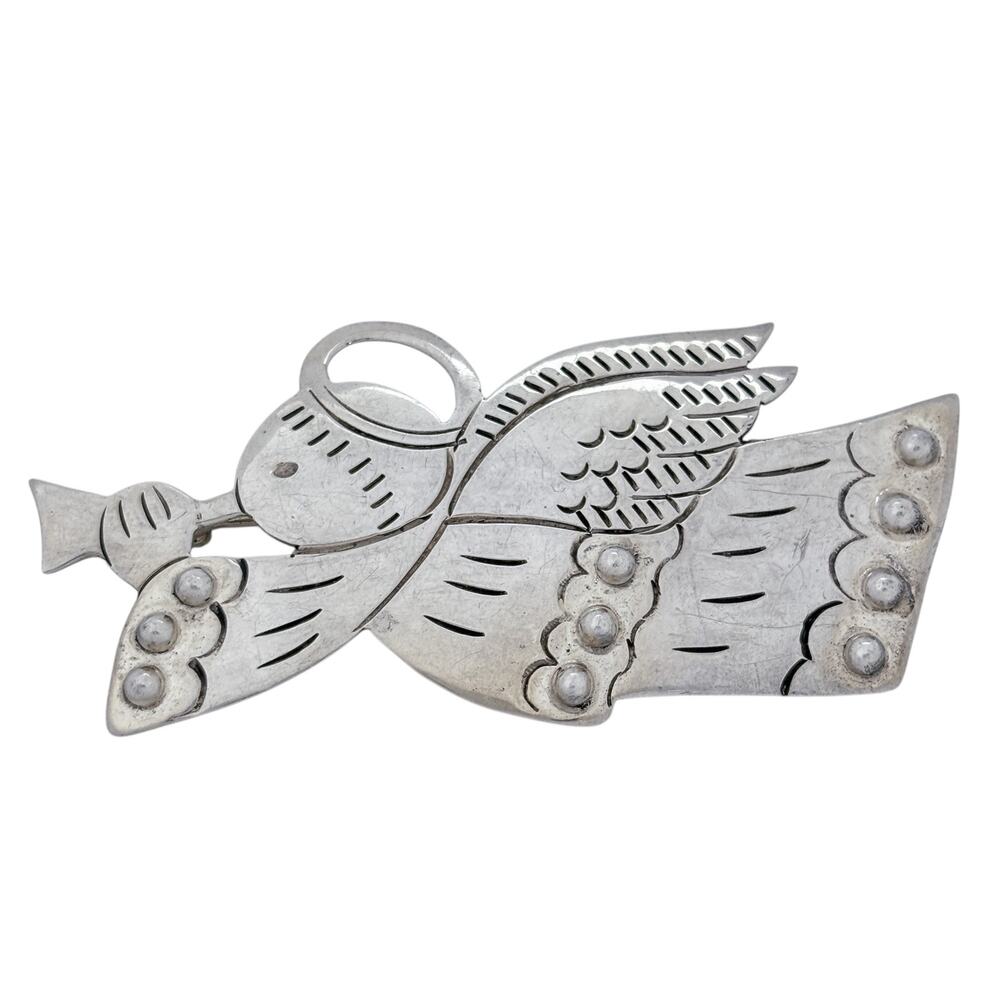 Estate Mexico Sterling Silver 925 Trumpeting Angel Brooch Pin - Picture 3 of 7